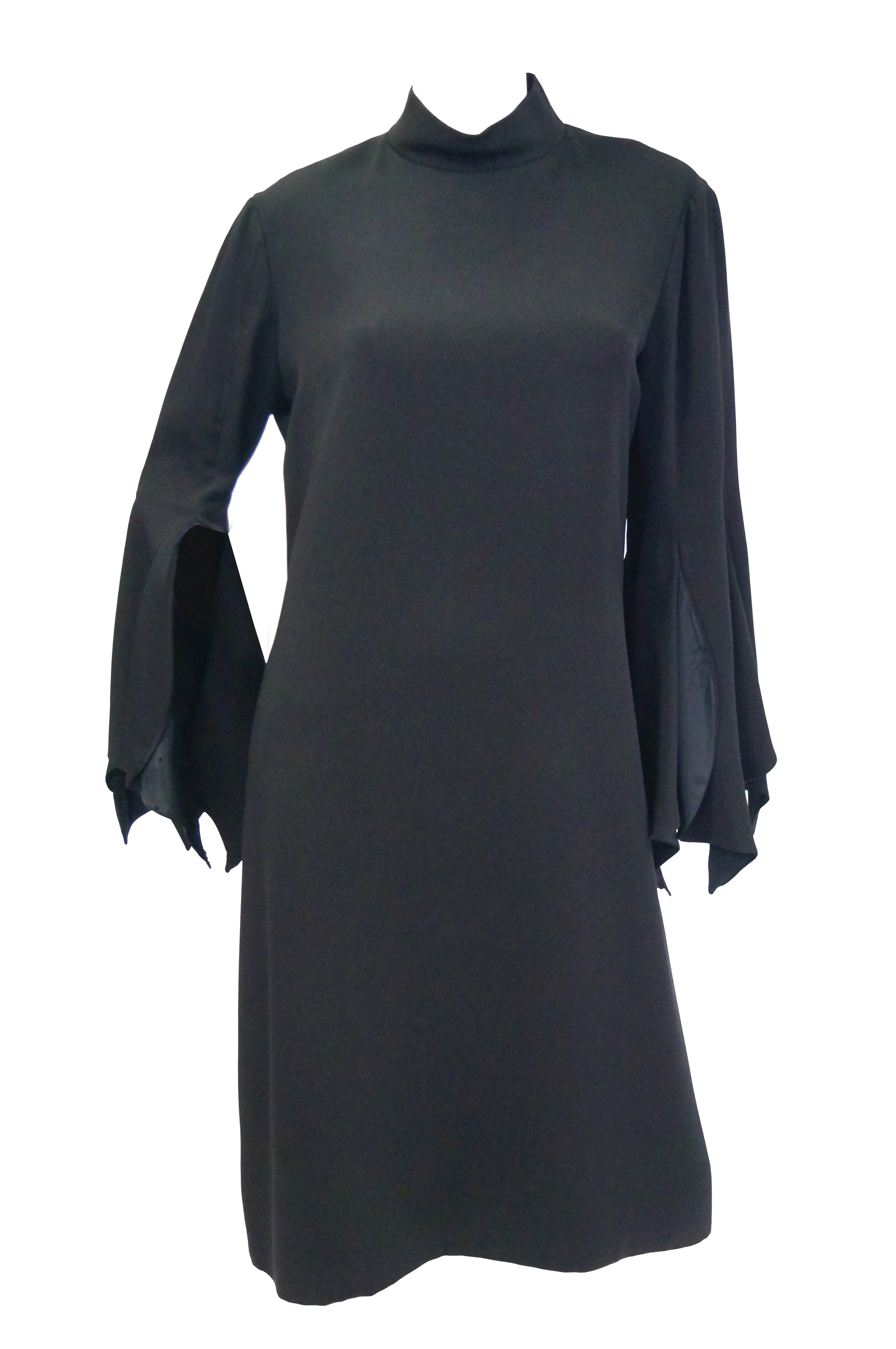 1960s Geoffrey Beene Black Petal Bell Sleeve Cocktail Dress