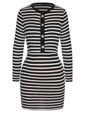 2PCS 1960s Black White Striped Knit Strap Dress & Cardigan