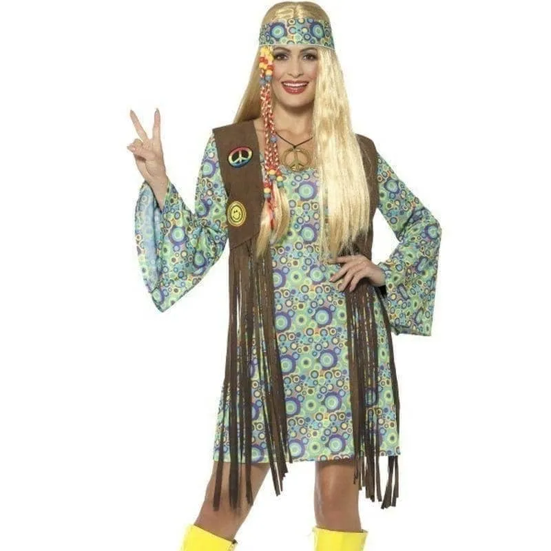 60s Hippie Chick Costume With Dress Adult Multi Coloured