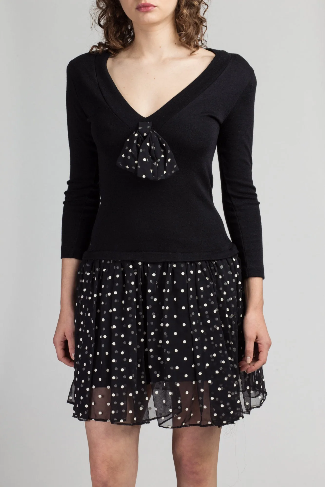 80s Black Polka Dot Drop Waist Mini Dress - Medium