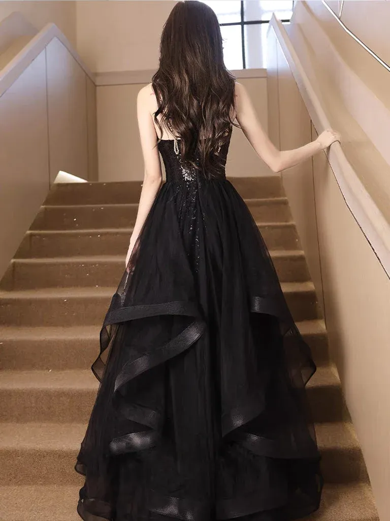 A-Line V Neck Sequin Tulle Black Long Prom Dress, Black Long Evening Dress         fg4956