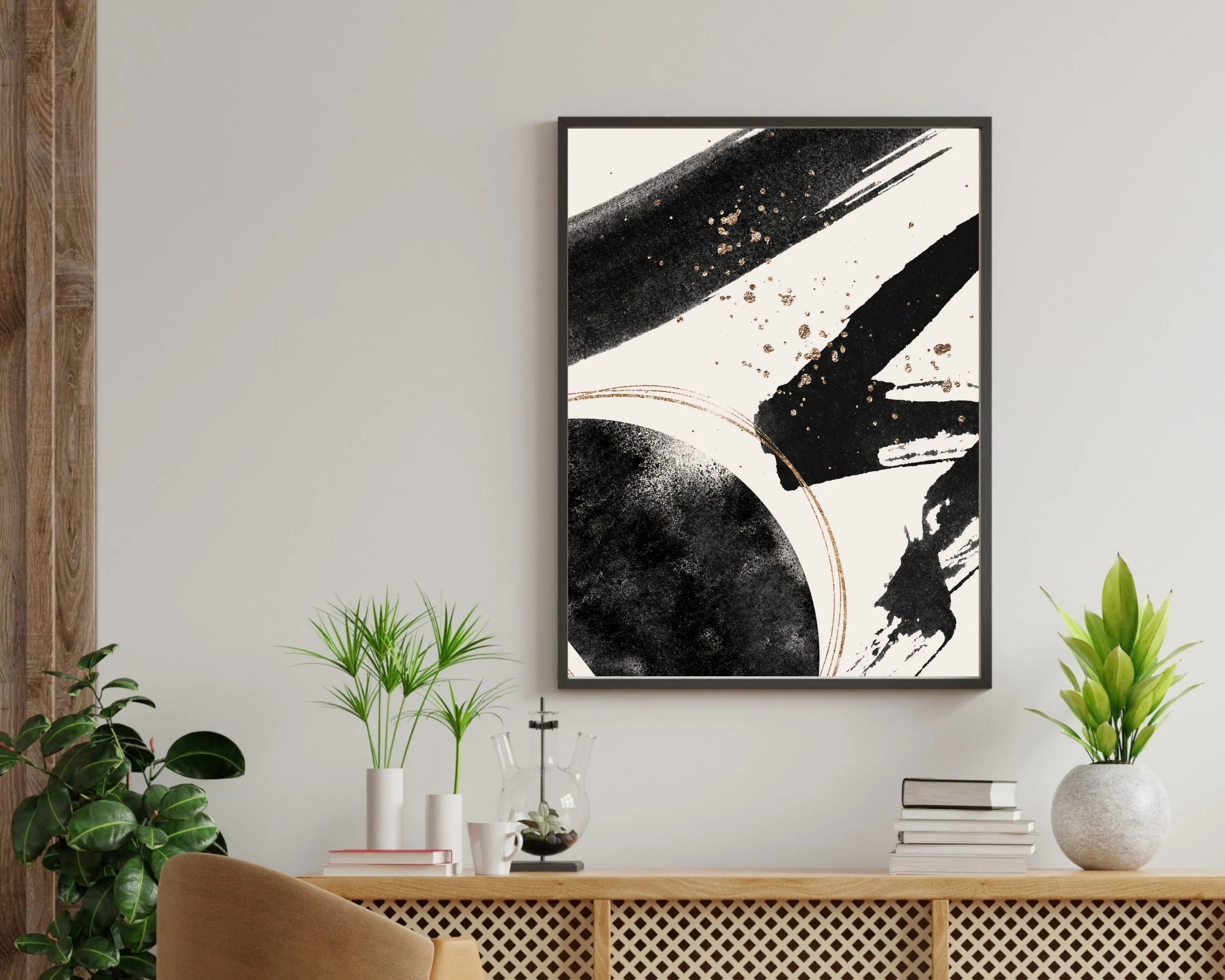Abstract Boho Art Prints | Cream Black Gold
