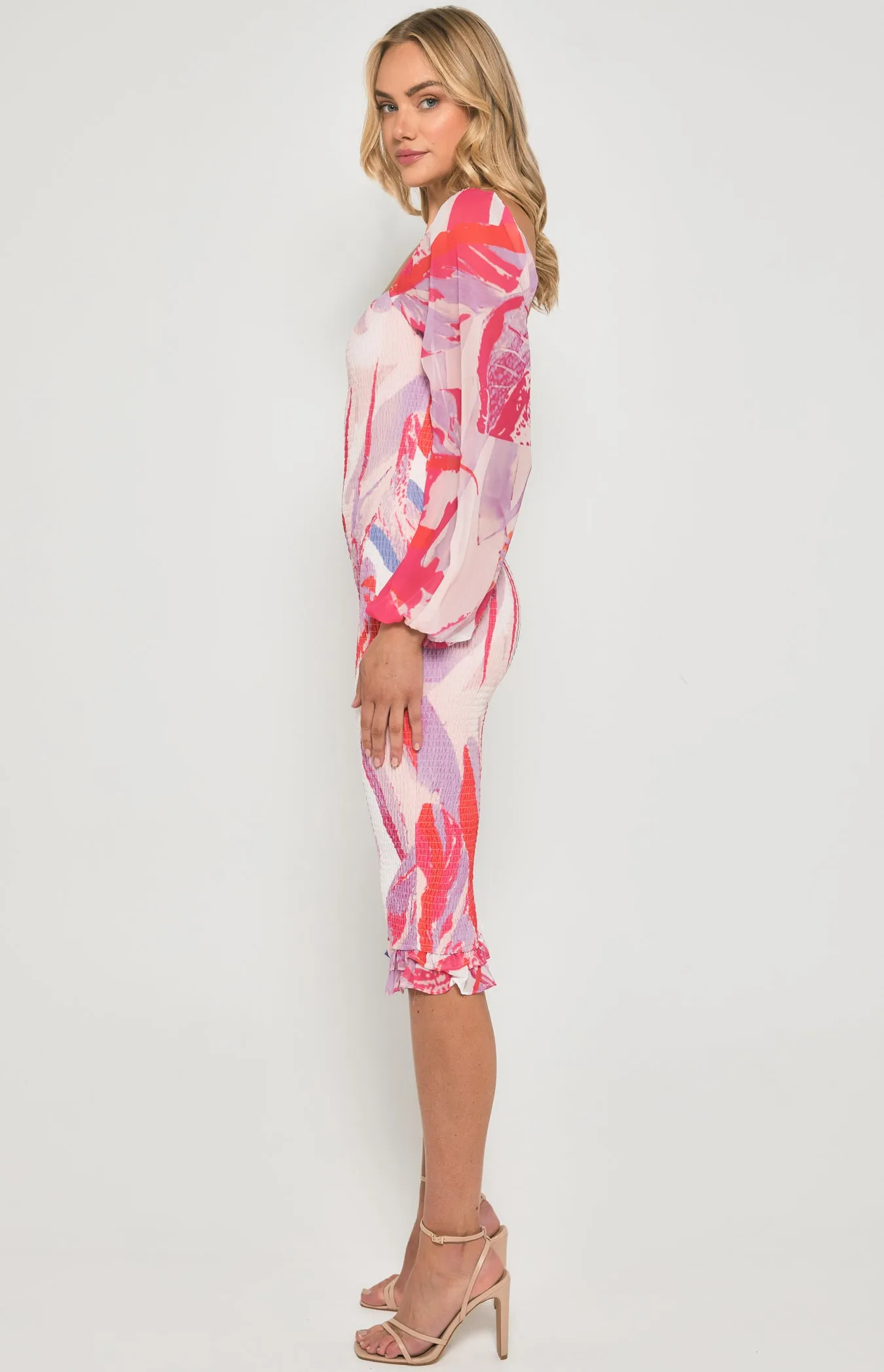 Abstract Print Shirred Midi Dress