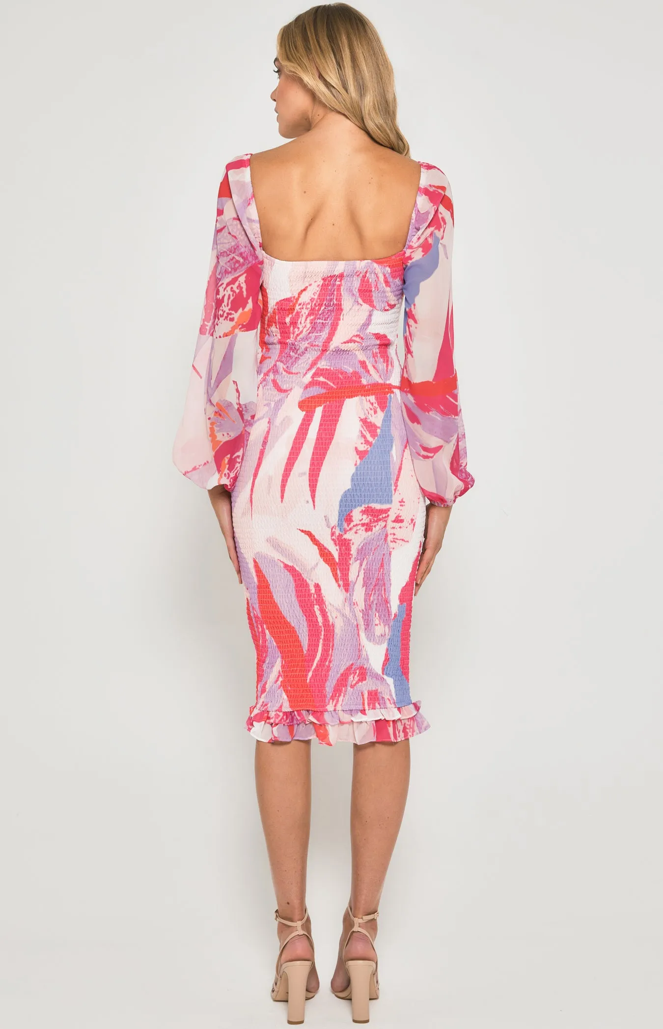 Abstract Print Shirred Midi Dress