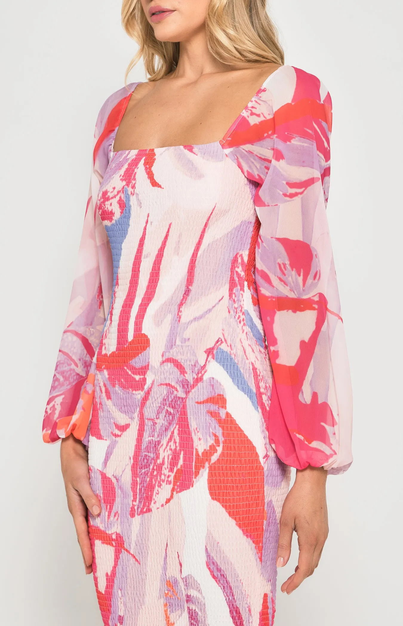 Abstract Print Shirred Midi Dress