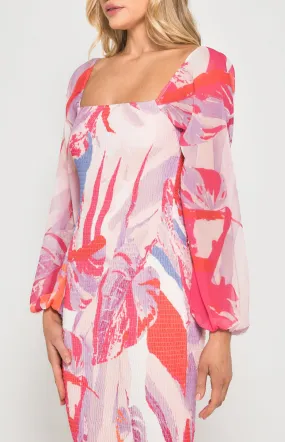 Abstract Print Shirred Midi Dress