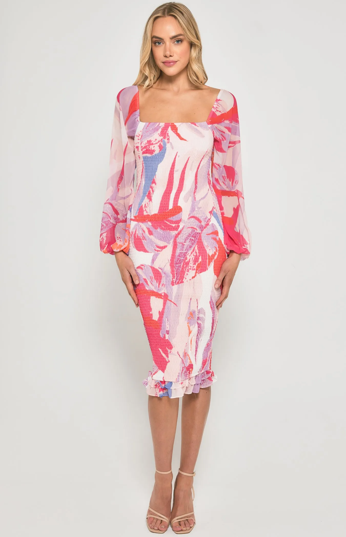Abstract Print Shirred Midi Dress