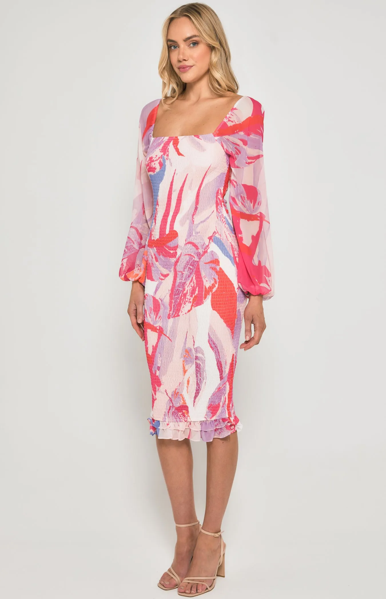 Abstract Print Shirred Midi Dress