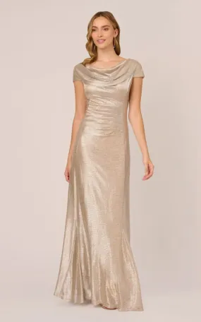 Adrianna Papell- Metallic Foil Knit Draped Long Gown