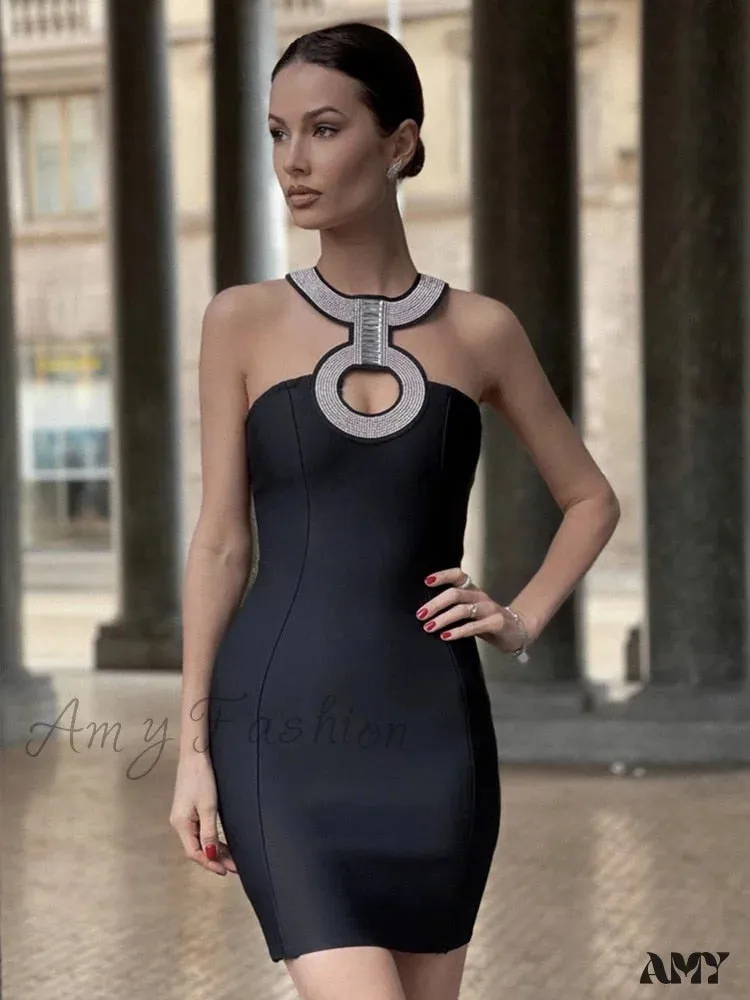 Amy Fashion - Backless Halter Sequined Diamonds Sparkly Black Bodycon Bandage Dress