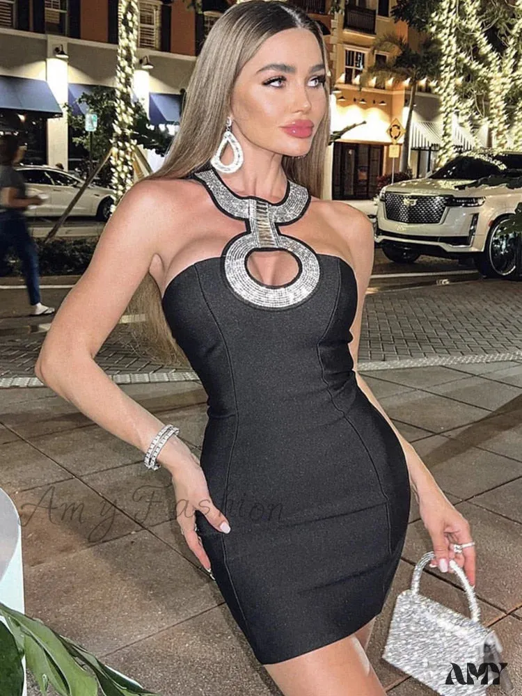 Amy Fashion - Backless Halter Sequined Diamonds Sparkly Black Bodycon Bandage Dress