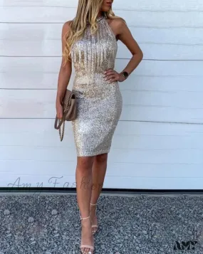 Amy Fashion - Sequins Sleeveless Halter Tassel Design Bodycon Party Evening Dress