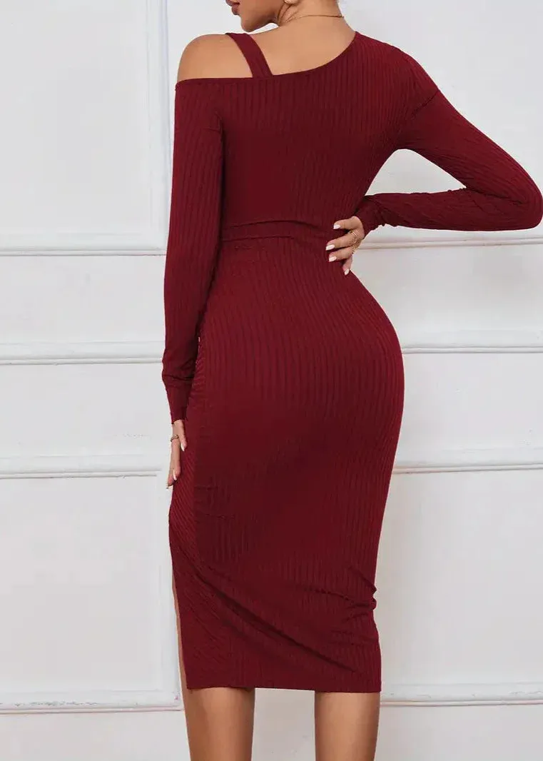 Asymmetrical Shoulder Ribbed Midi Dress