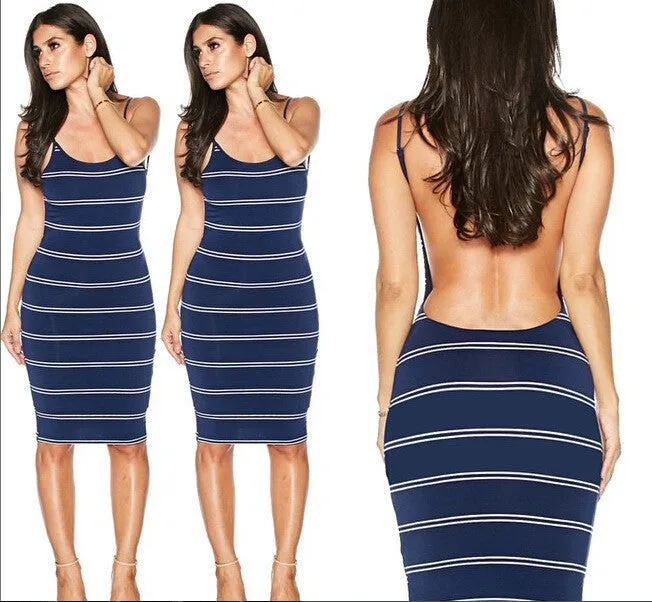 Backless Stripe Knee Length Bodycon Dress