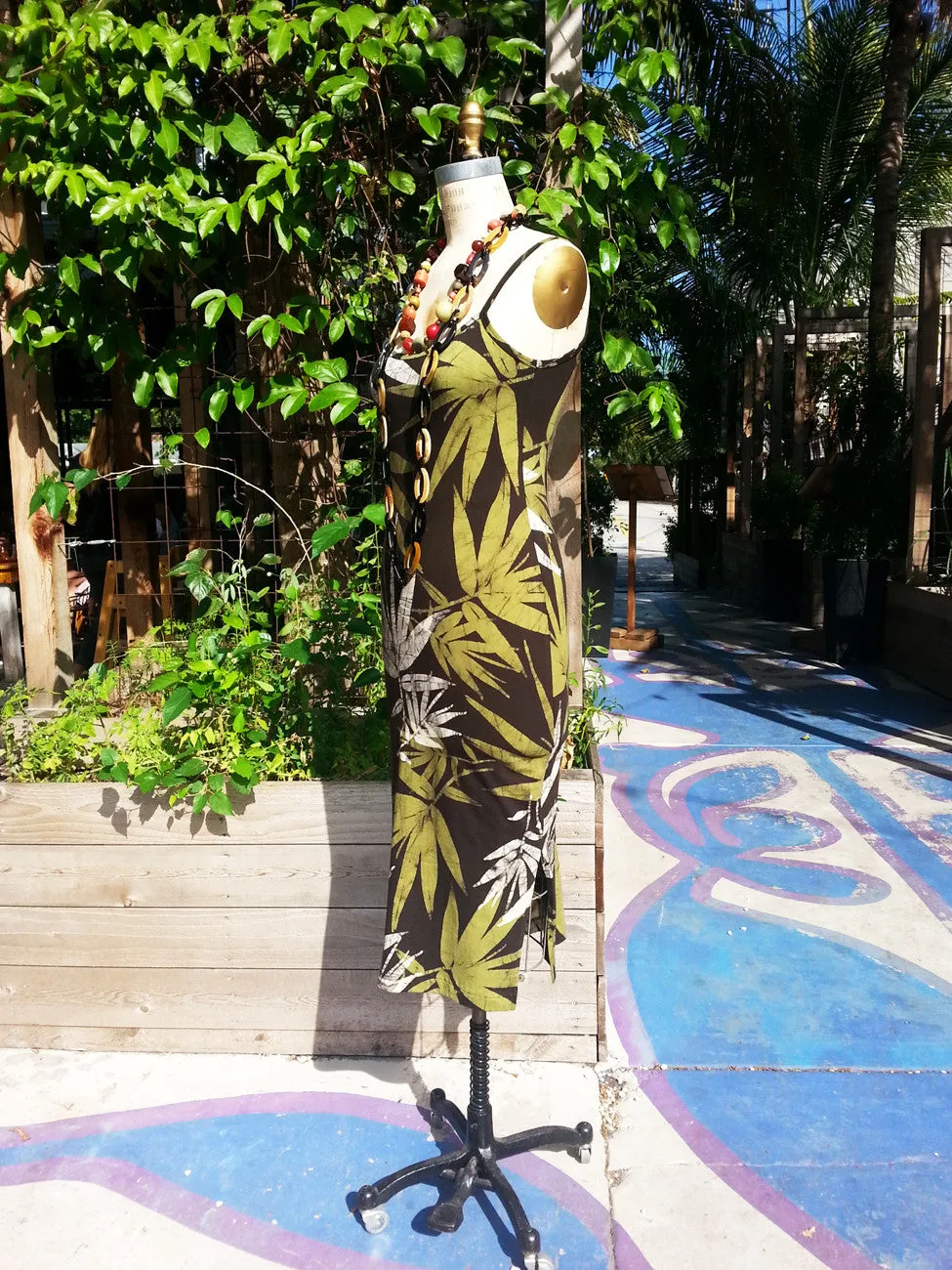 Batik Sun Dress Bamboo Print Chocolate Green Ivory