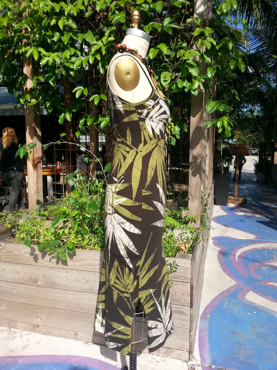Batik Sun Dress Bamboo Print Chocolate Green Ivory