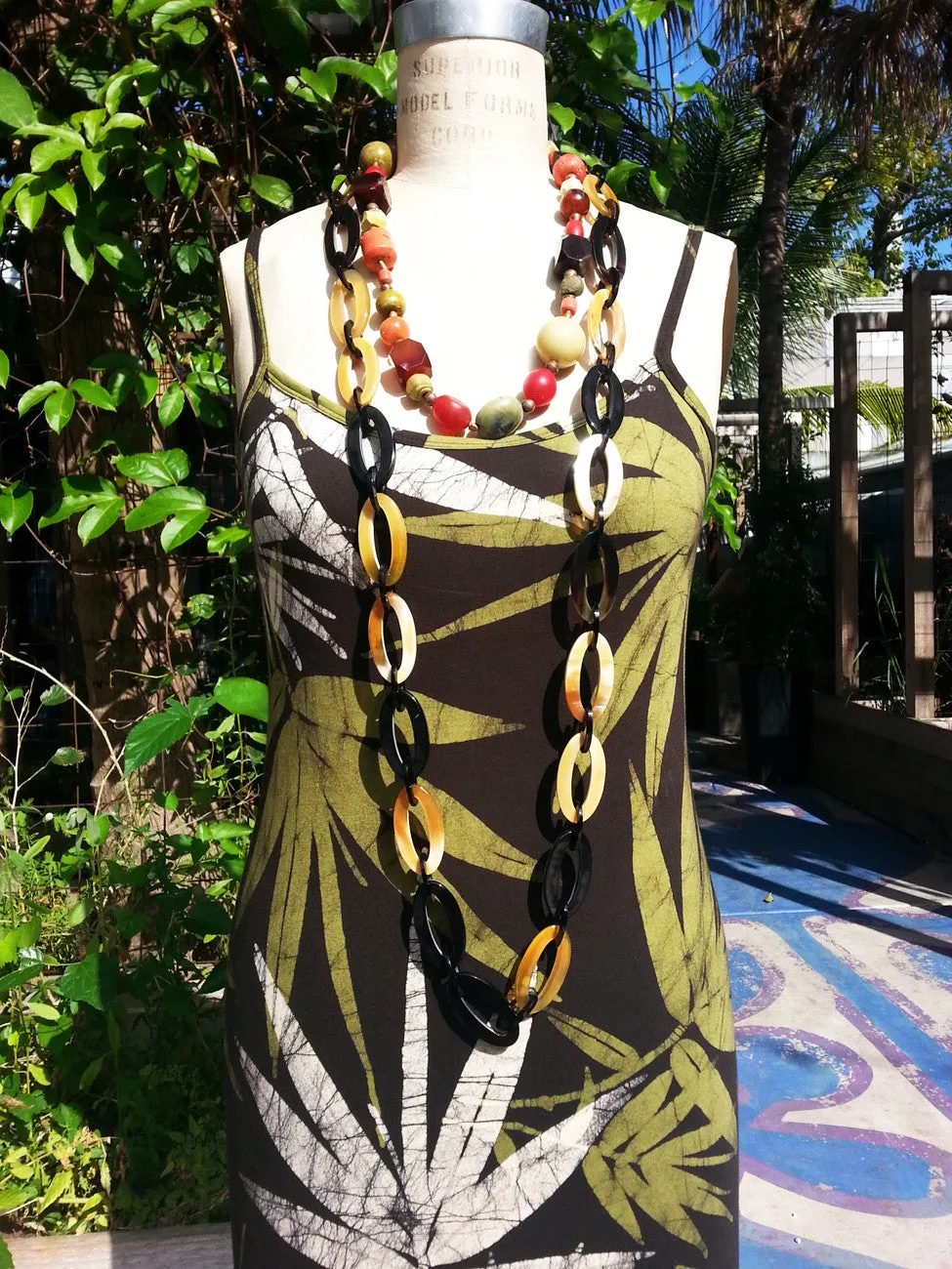 Batik Sun Dress Bamboo Print Chocolate Green Ivory