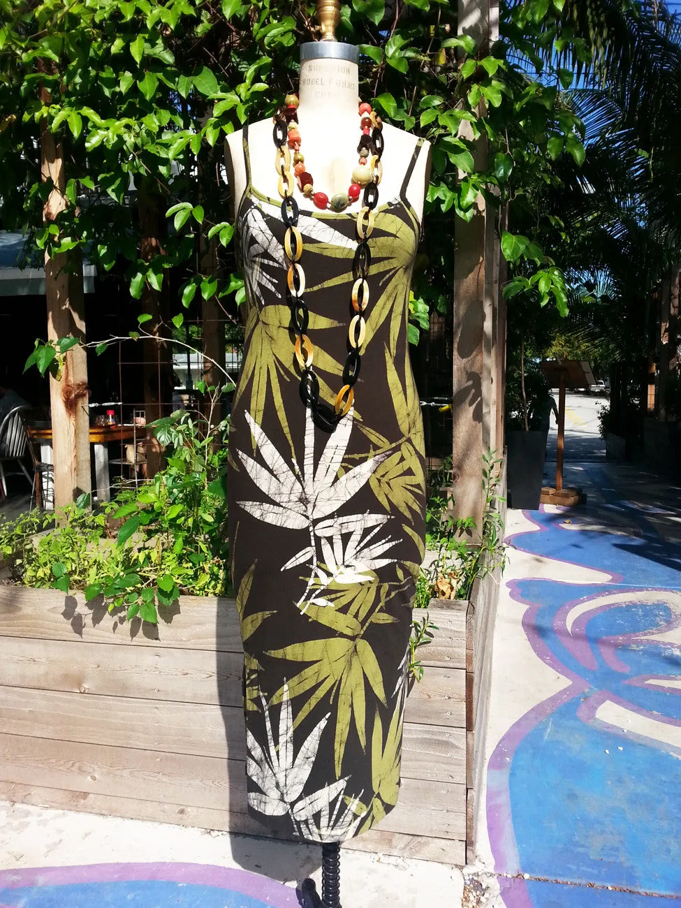 Batik Sun Dress Bamboo Print Chocolate Green Ivory