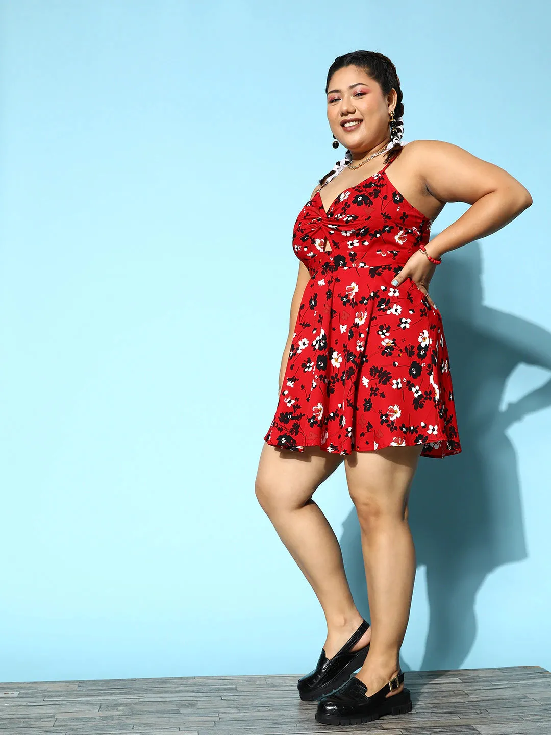 Berrylush Women Plus Size Red & Black Floral Printed V-Neck Front Twist Knot Fit & Flare Mini Dress