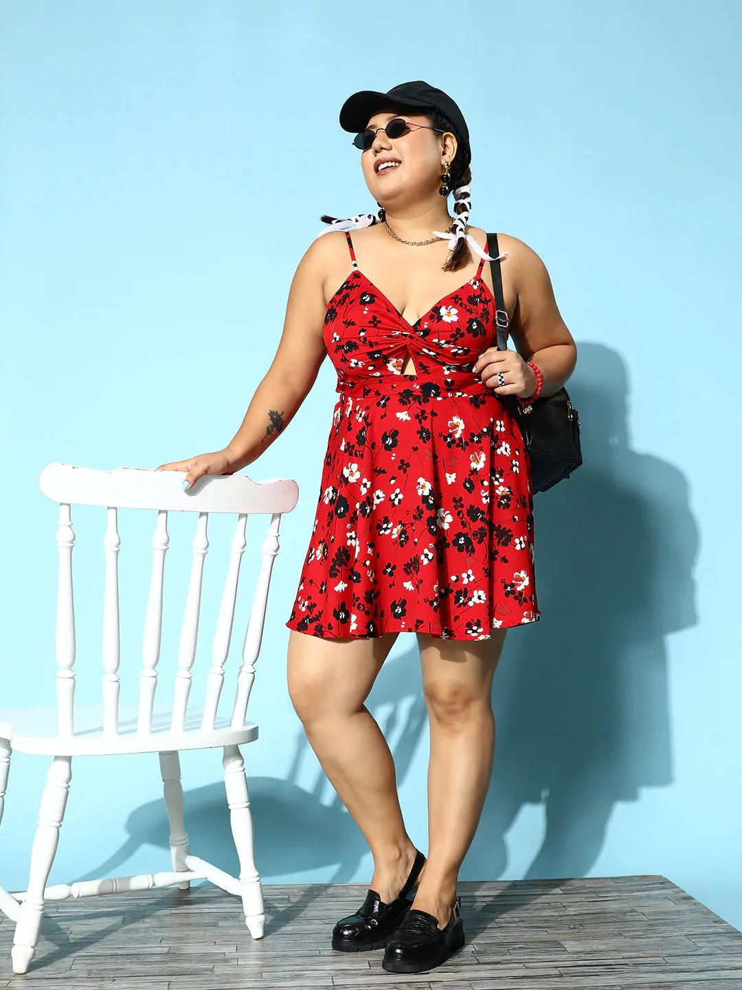 Berrylush Women Plus Size Red & Black Floral Printed V-Neck Front Twist Knot Fit & Flare Mini Dress