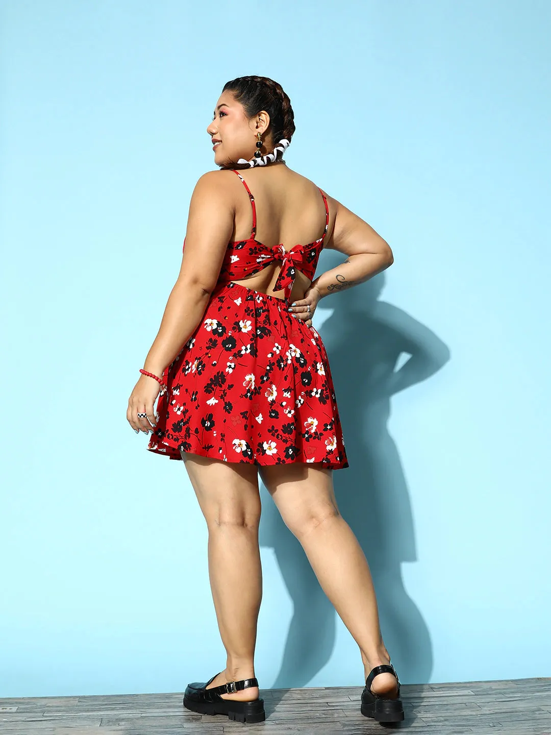 Berrylush Women Plus Size Red & Black Floral Printed V-Neck Front Twist Knot Fit & Flare Mini Dress