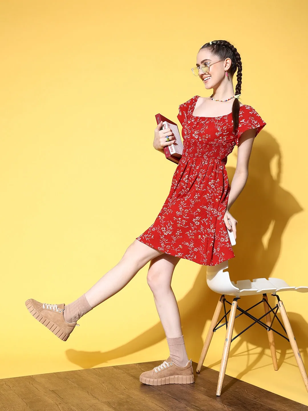 Berrylush Women Red & White Floral Printed Square Neck Crepe Smocked Empire Dress