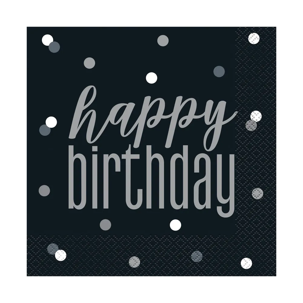 Birthday Glitz Black & Silver Happy Birthday Paper Napkins - 33cm - Pack of 16