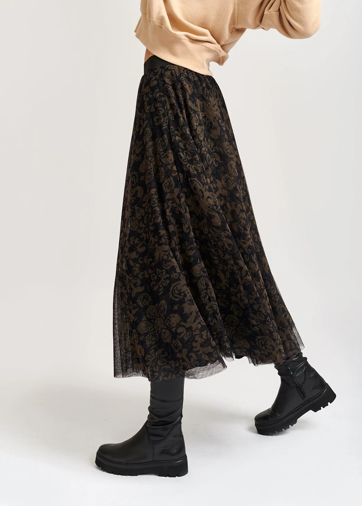 Black and khaki green brocade-print tulle midi skirt