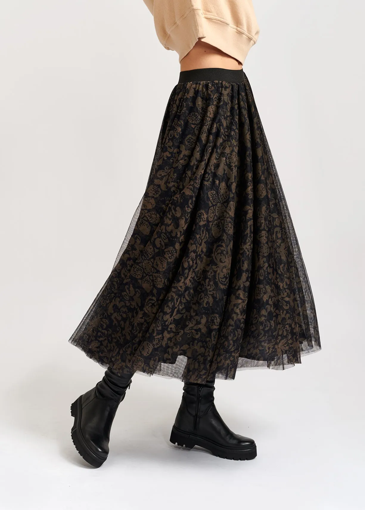 Black and khaki green brocade-print tulle midi skirt