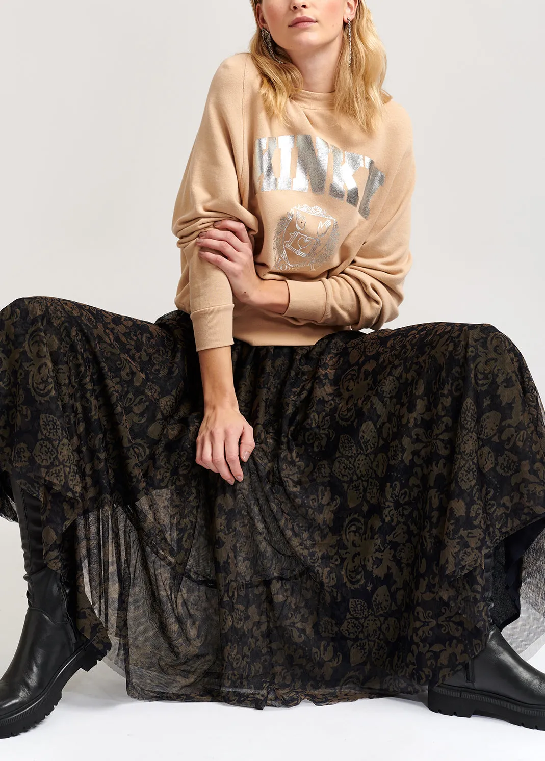 Black and khaki green brocade-print tulle midi skirt