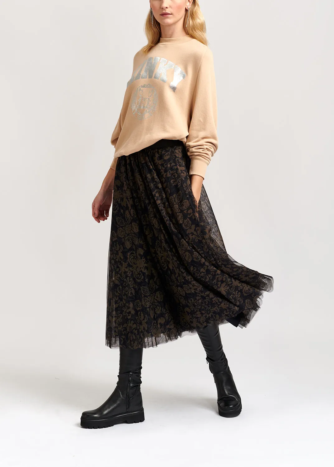 Black and khaki green brocade-print tulle midi skirt