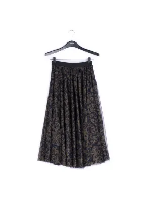 Black and khaki green brocade-print tulle midi skirt