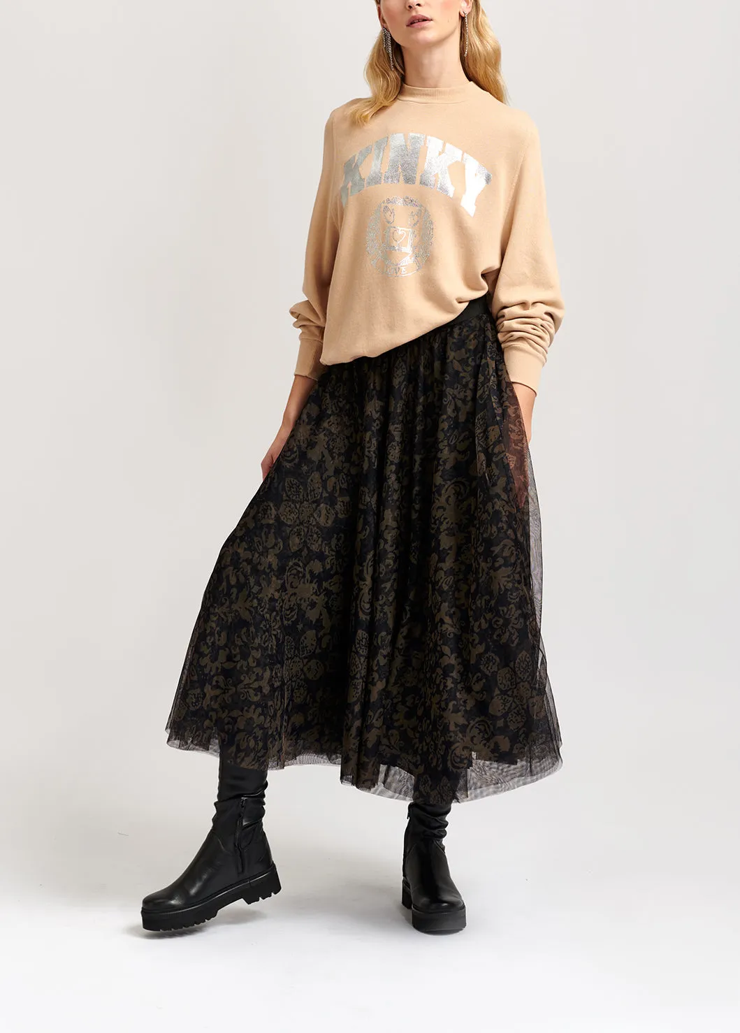 Black and khaki green brocade-print tulle midi skirt