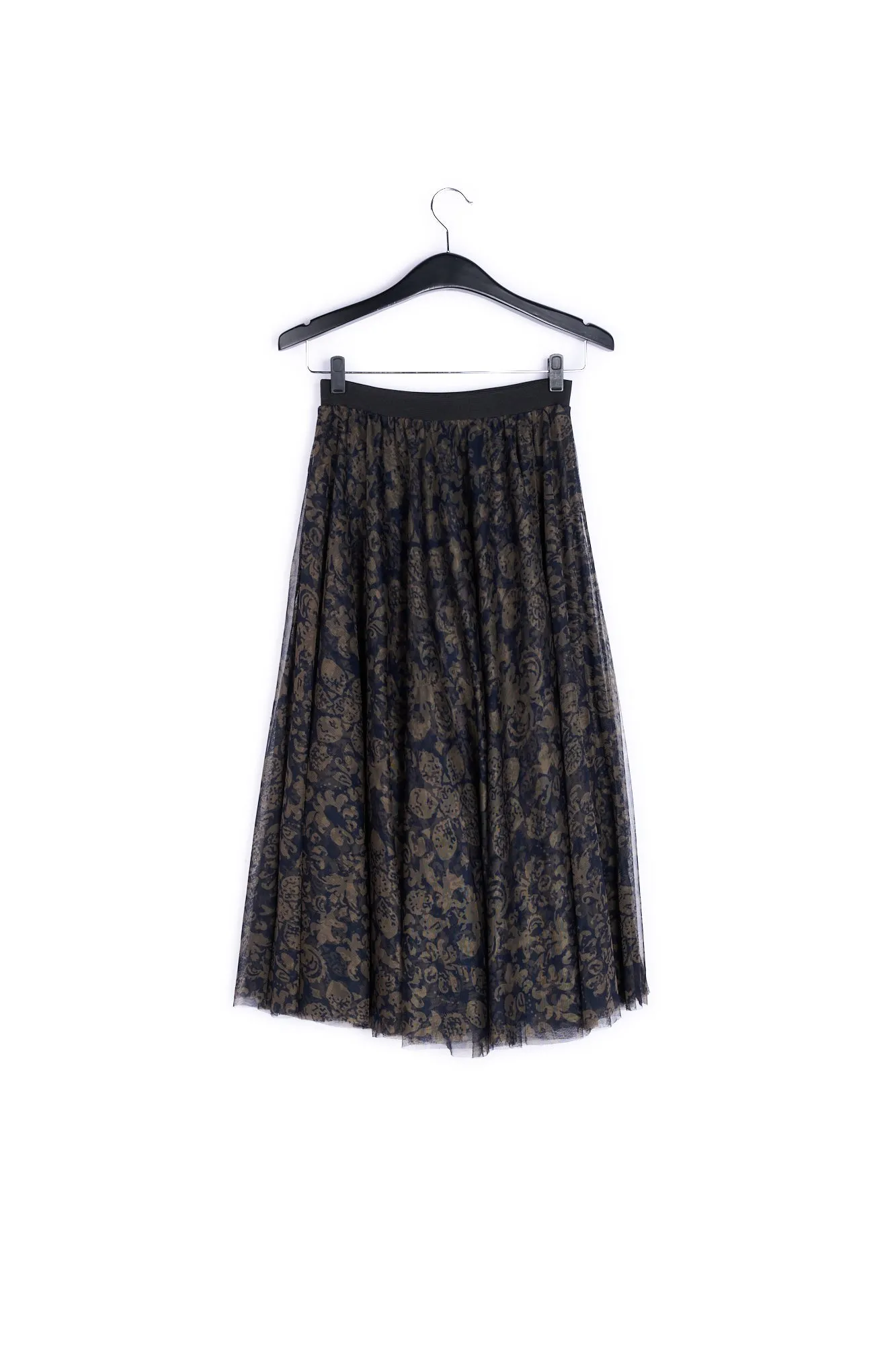 Black and khaki green brocade-print tulle midi skirt