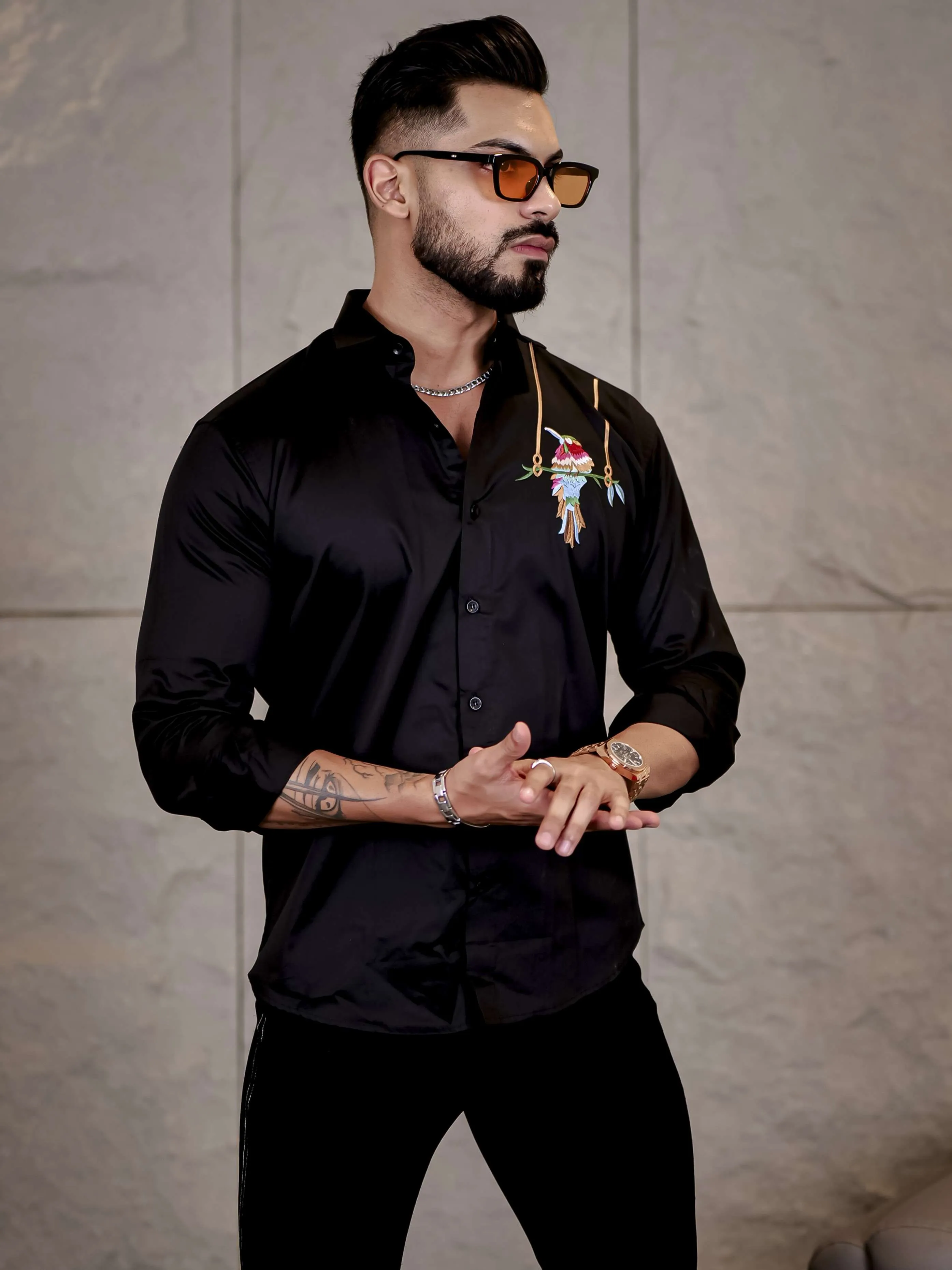 Black Bird Embroidered Premium Cotton Shirt For Men