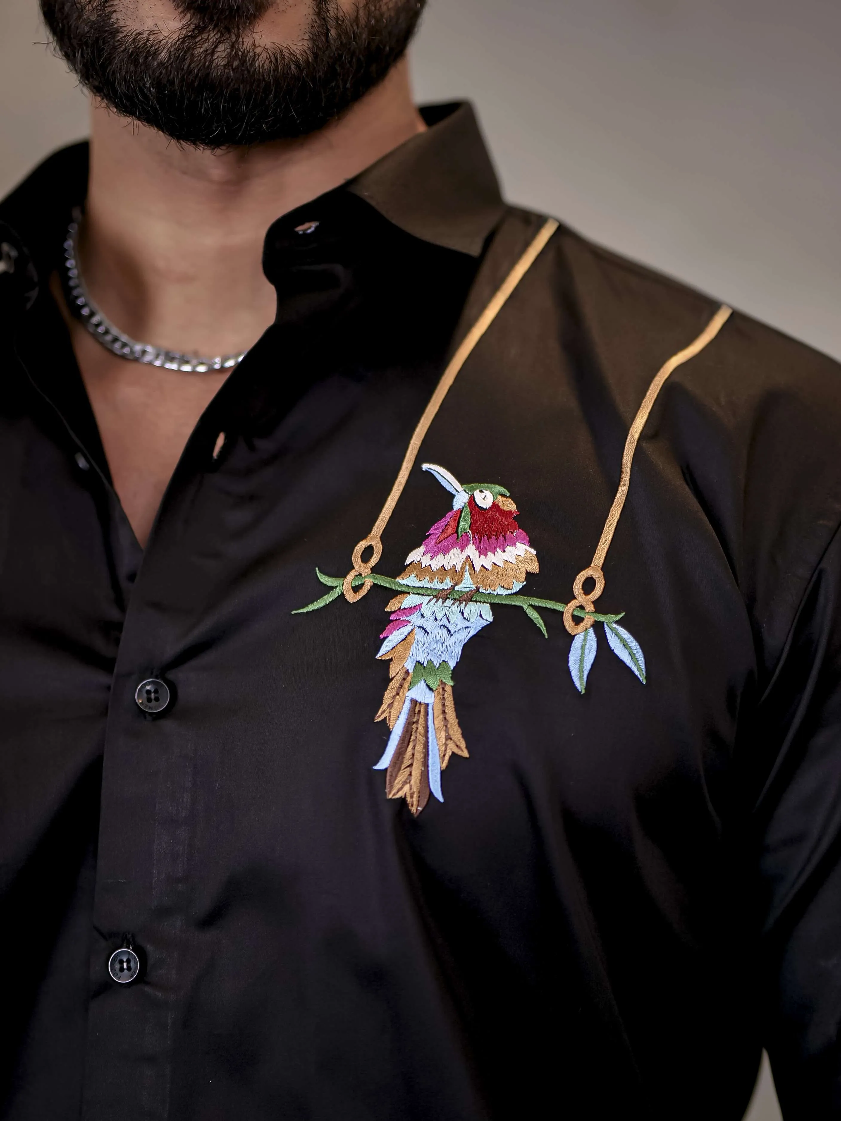 Black Bird Embroidered Premium Cotton Shirt For Men