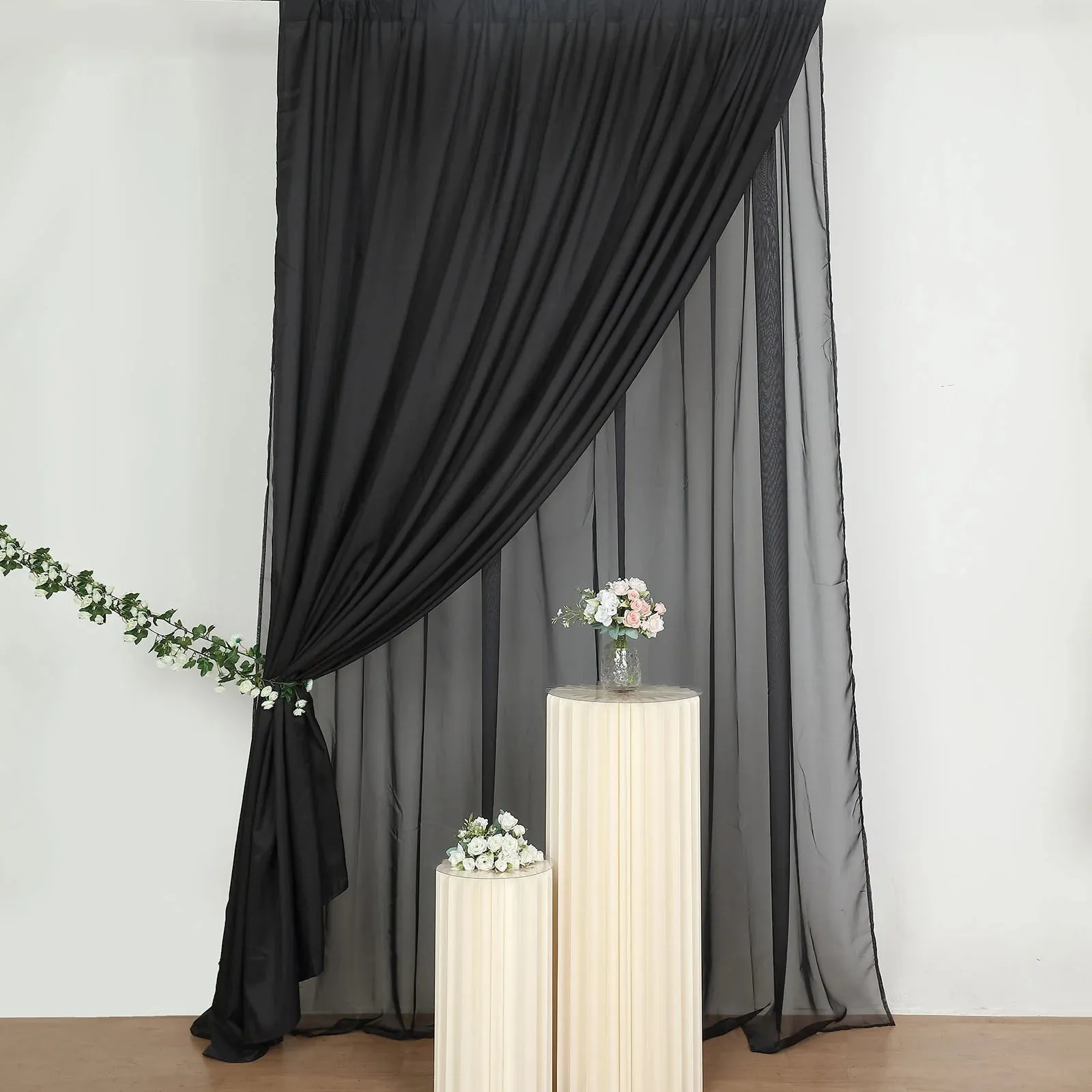 Black Dual Layered Polyester Sheer Chiffon Backdrop Curtains (Rental)