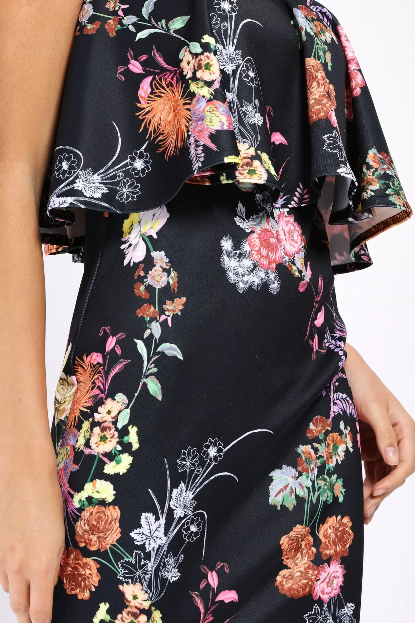 Black Floral Strappy Frill Bodycon Dress