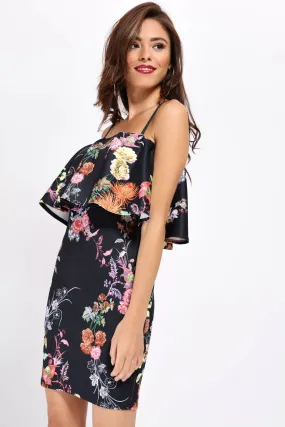 Black Floral Strappy Frill Bodycon Dress