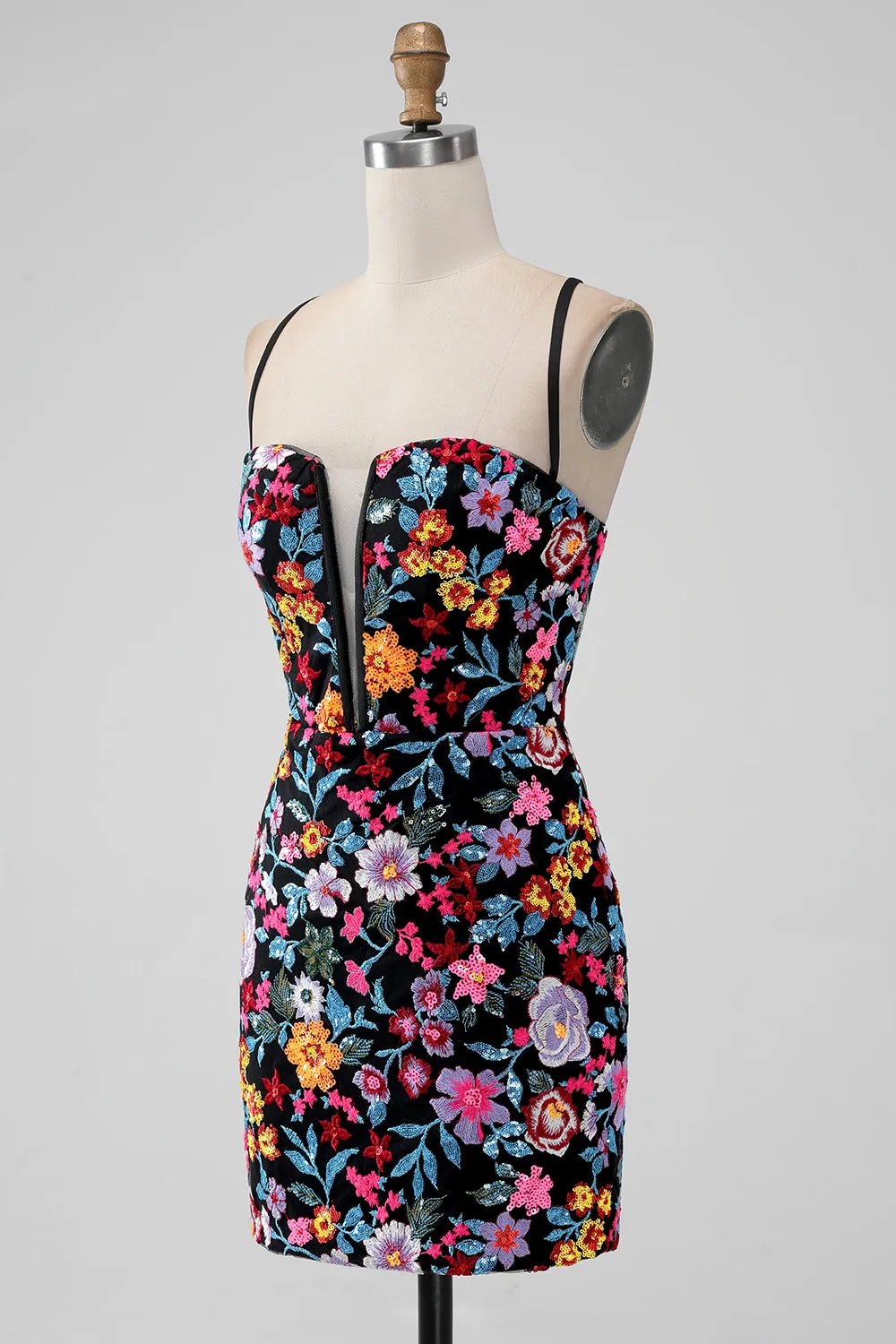 Black Flower Mermaid Spaghetti Straps Embroidered Short Homecoming Dress