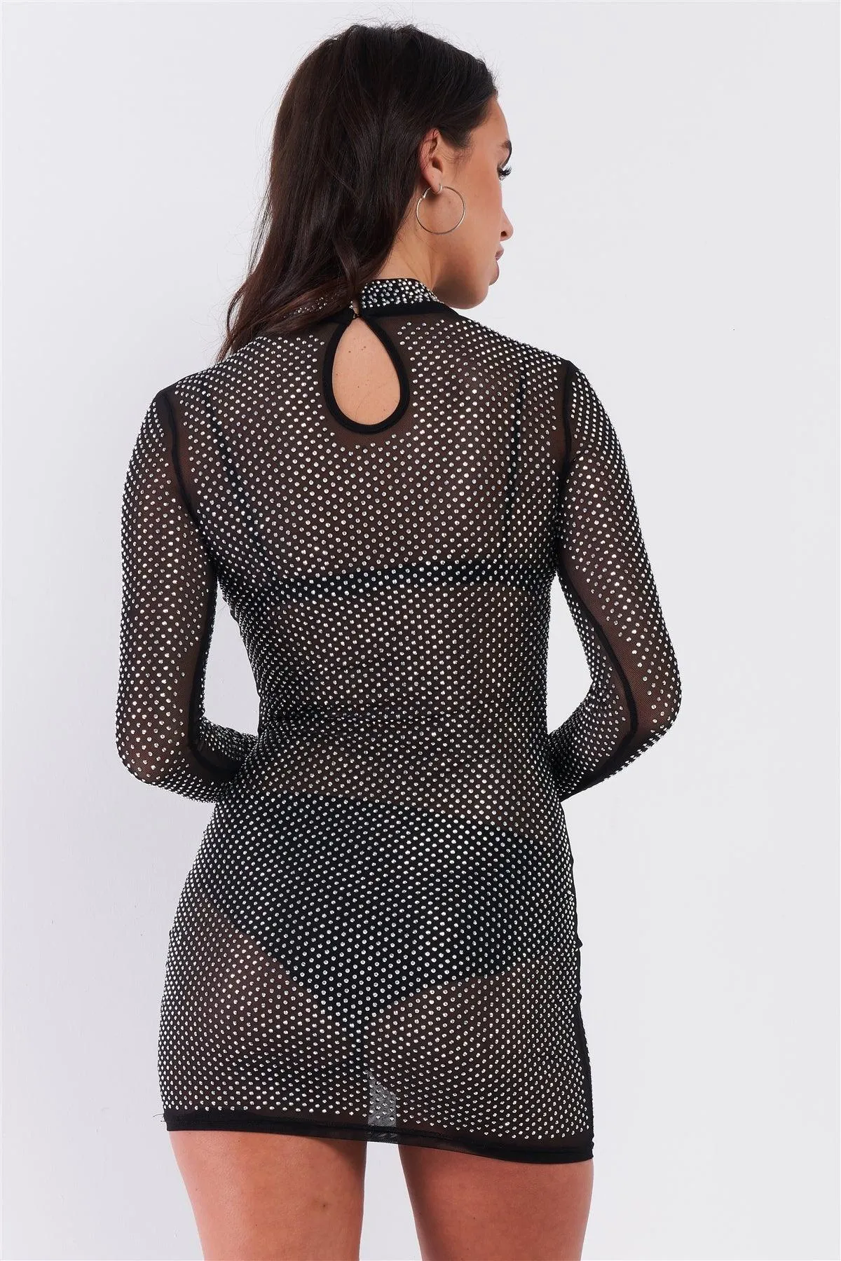 Black Rhinestone Myriad Sheer Mesh Long Sleeve High Neck Bodycon Mini Dress /1-3-1