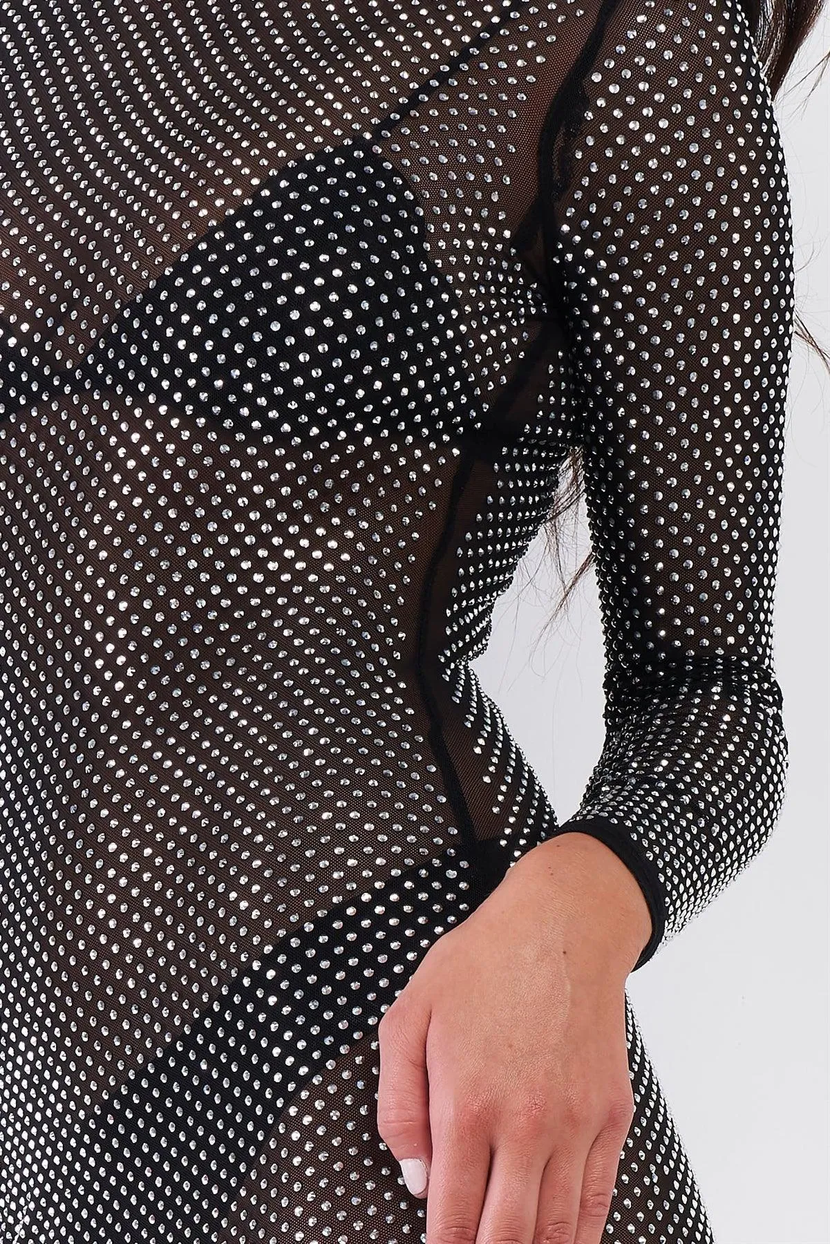 Black Rhinestone Myriad Sheer Mesh Long Sleeve High Neck Bodycon Mini Dress /1-3-1