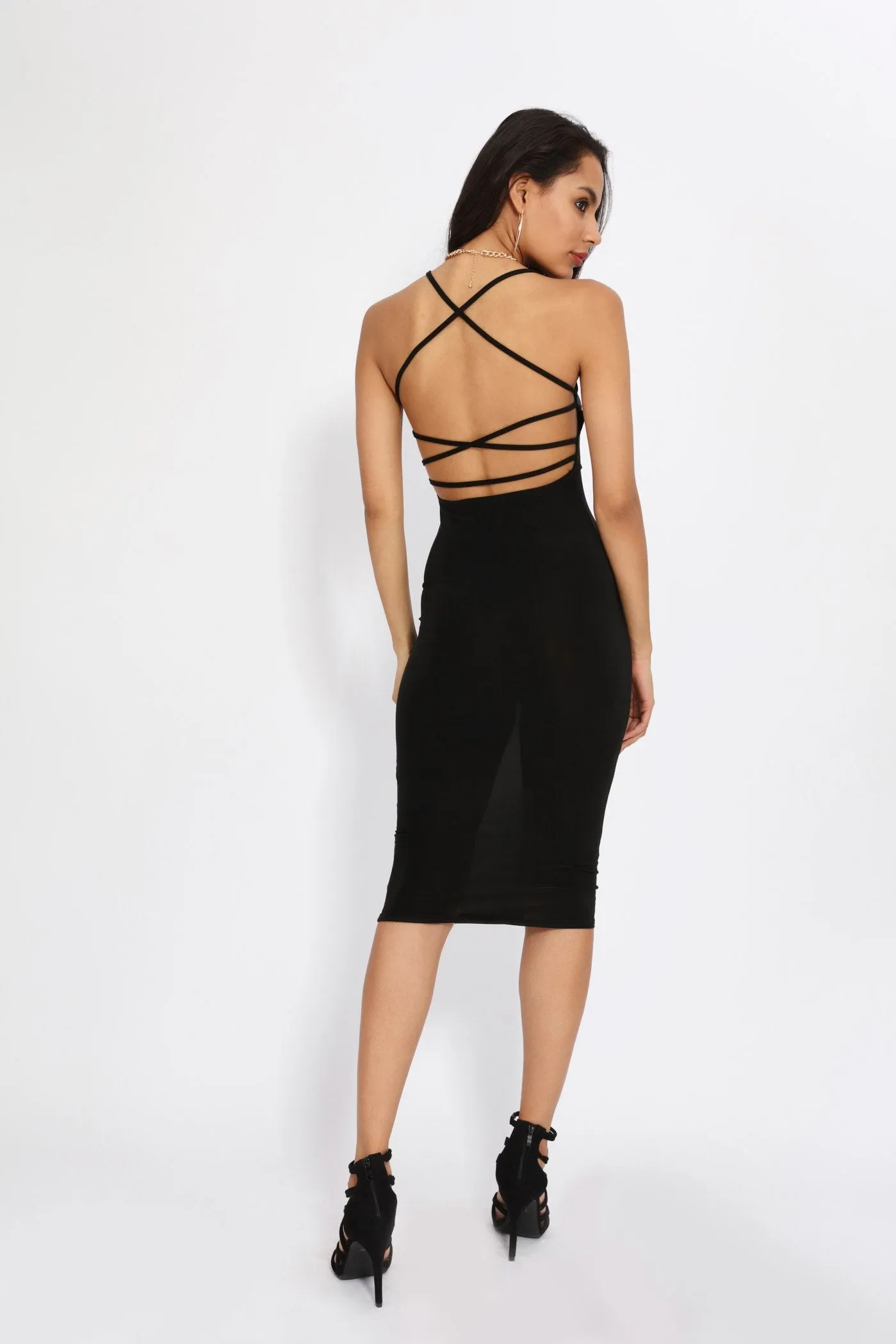 Black Strappy Backless Midi Dress