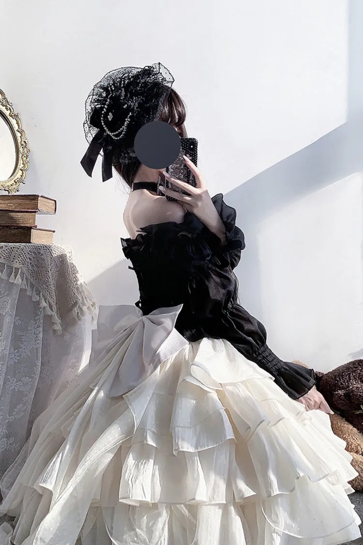 Black Top and Apricot Bowknot Sweet Princess Lolita Layered Skirt Dress