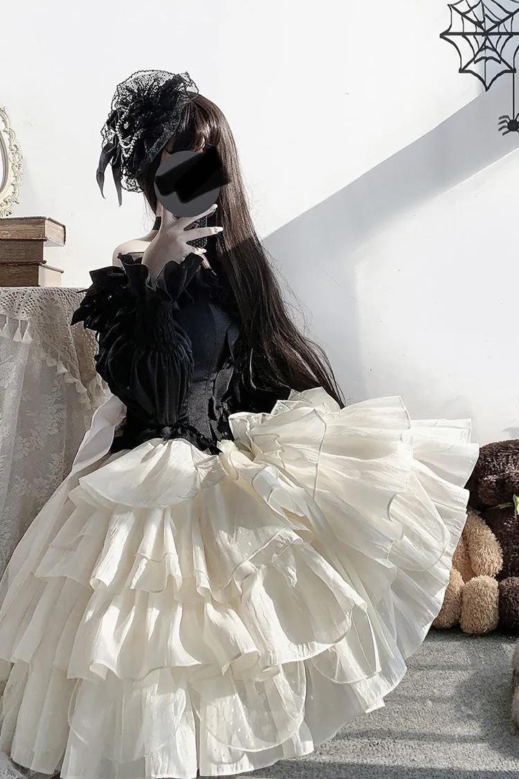 Black Top and Apricot Bowknot Sweet Princess Lolita Layered Skirt Dress