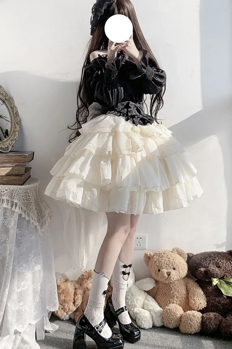 Black Top and Apricot Bowknot Sweet Princess Lolita Layered Skirt Dress