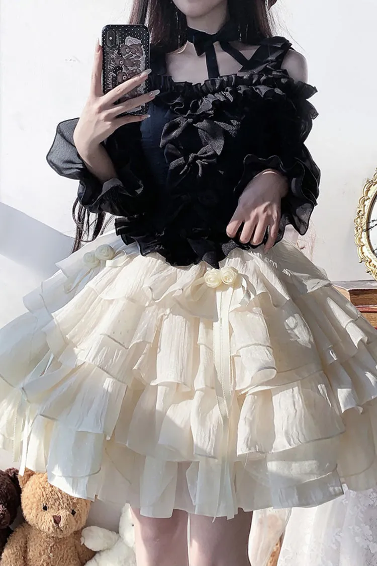 Black Top and Apricot Bowknot Sweet Princess Lolita Layered Skirt Dress