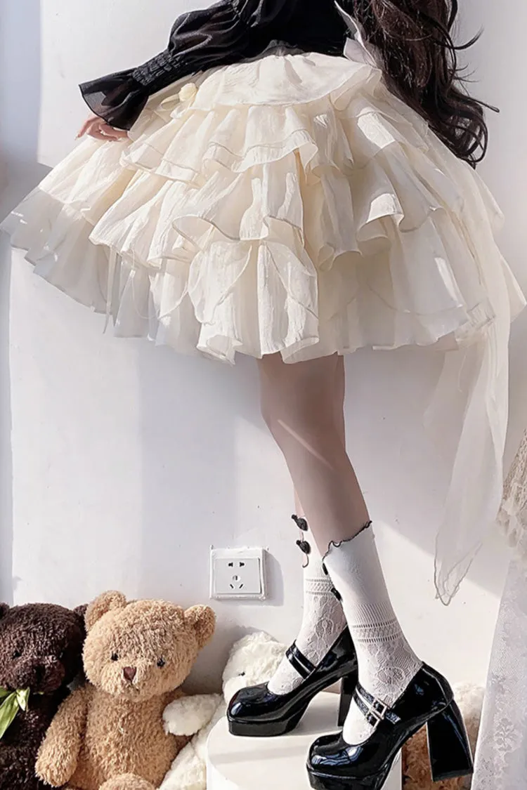 Black Top and Apricot Bowknot Sweet Princess Lolita Layered Skirt Dress