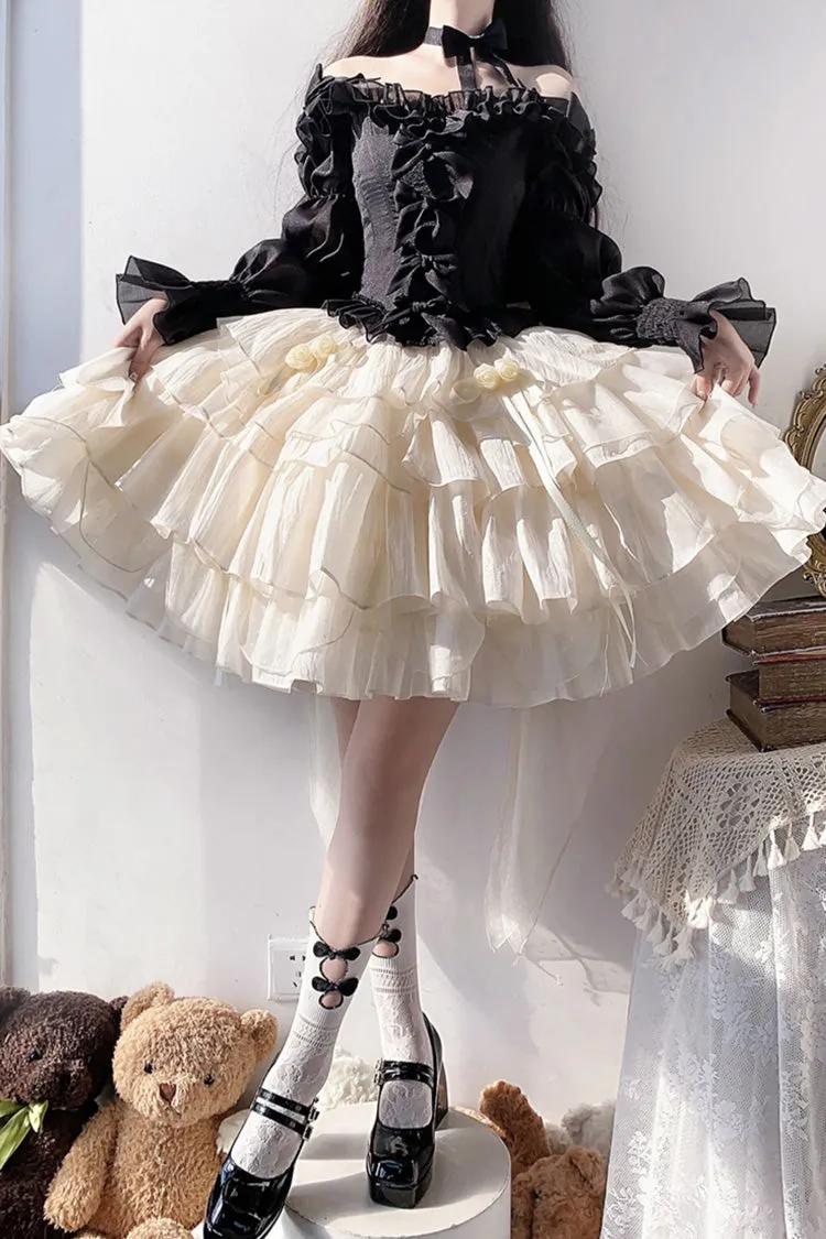 Black Top and Apricot Bowknot Sweet Princess Lolita Layered Skirt Dress