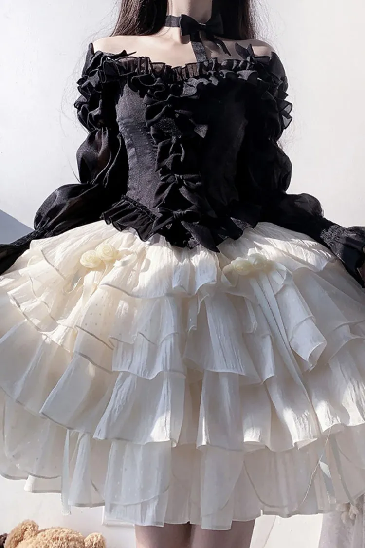 Black Top and Apricot Bowknot Sweet Princess Lolita Layered Skirt Dress